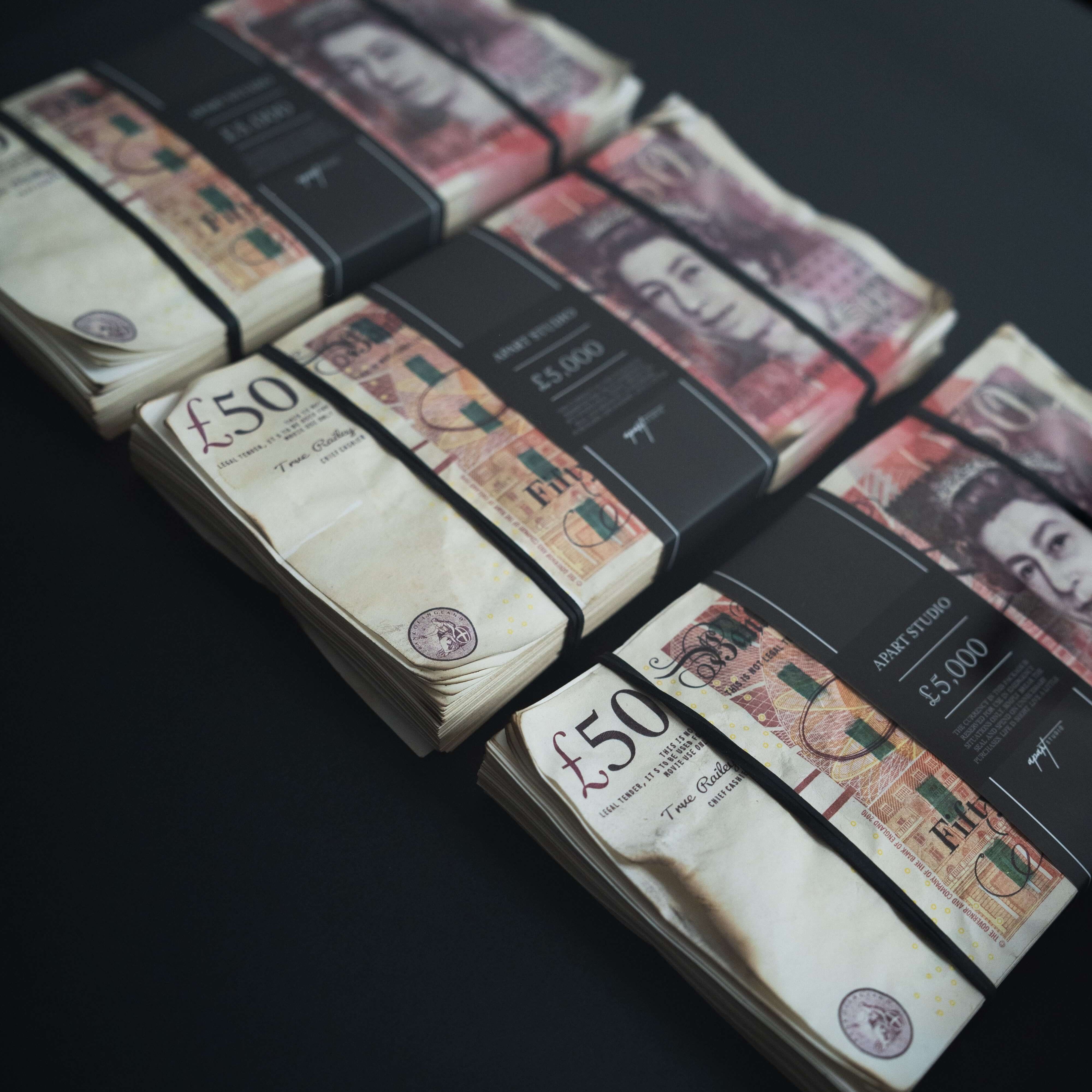 Aged Triple Stacked Frame GBP close up detail of aged fifty pound notes with custom Apart Studio satin bands