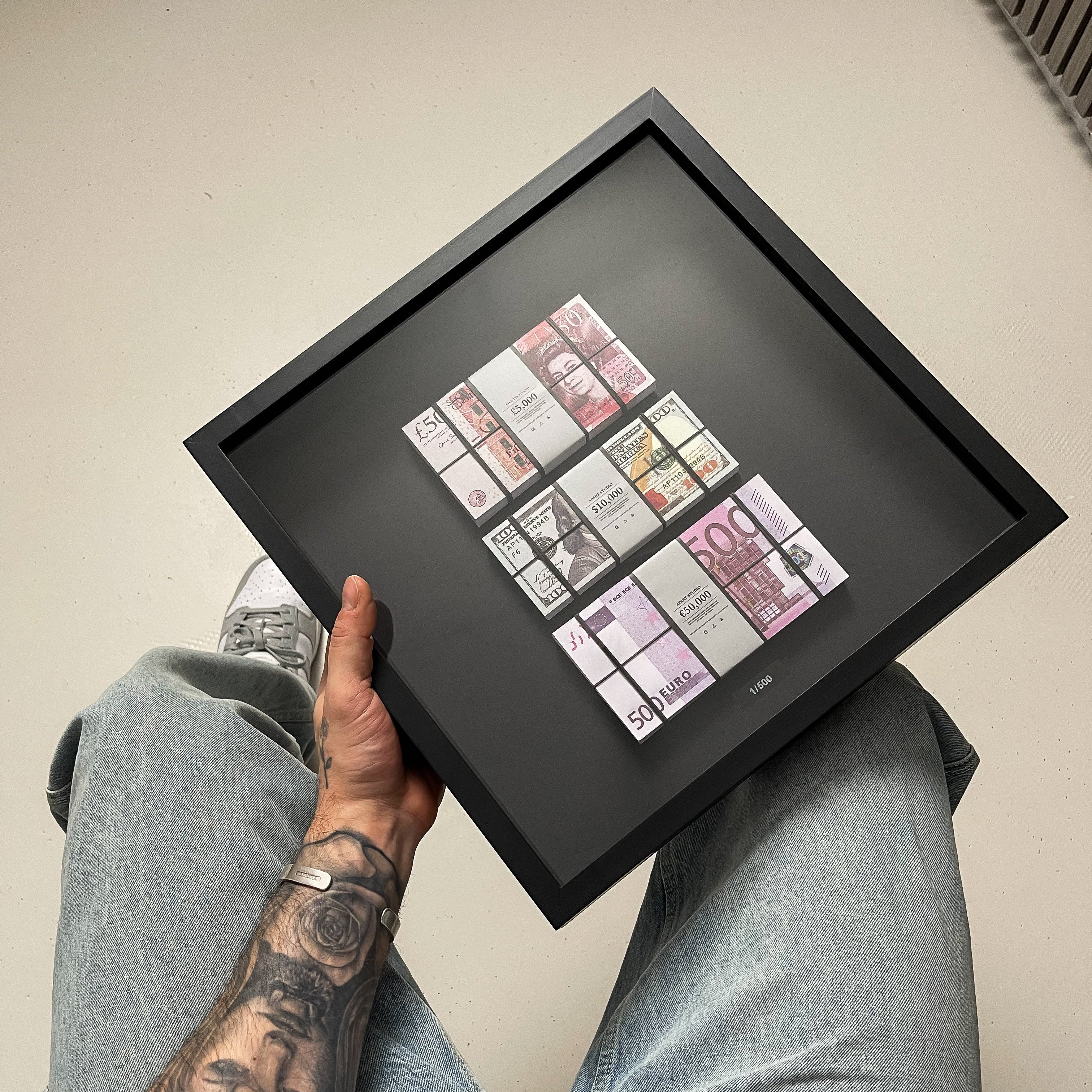 Foreign Exchange Frame front view, three currency stacks GBP USD and EUR stacked above one another behind glass by Apart Studio