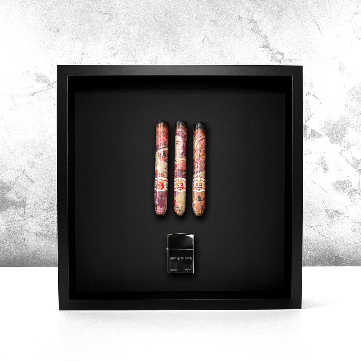 Smoking Bills 2.0 GBP front view, handmade cash cigars with Hoyo de Monterrey bands and Money To Burn lighter in black frame by Apart Studio