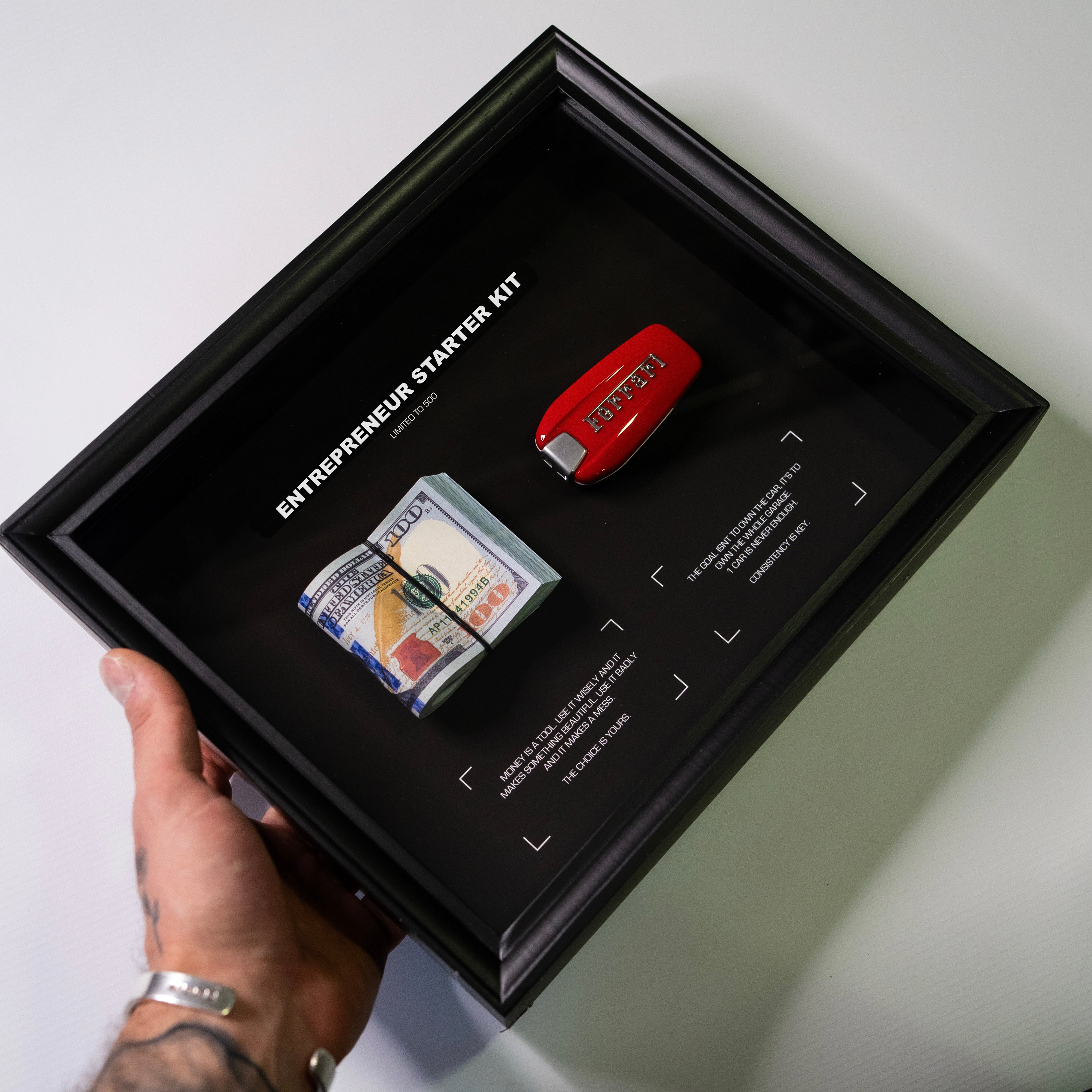 Entrepreneur Starter Kit Ferrari angled view showing depth of framed artwork and bundle contents