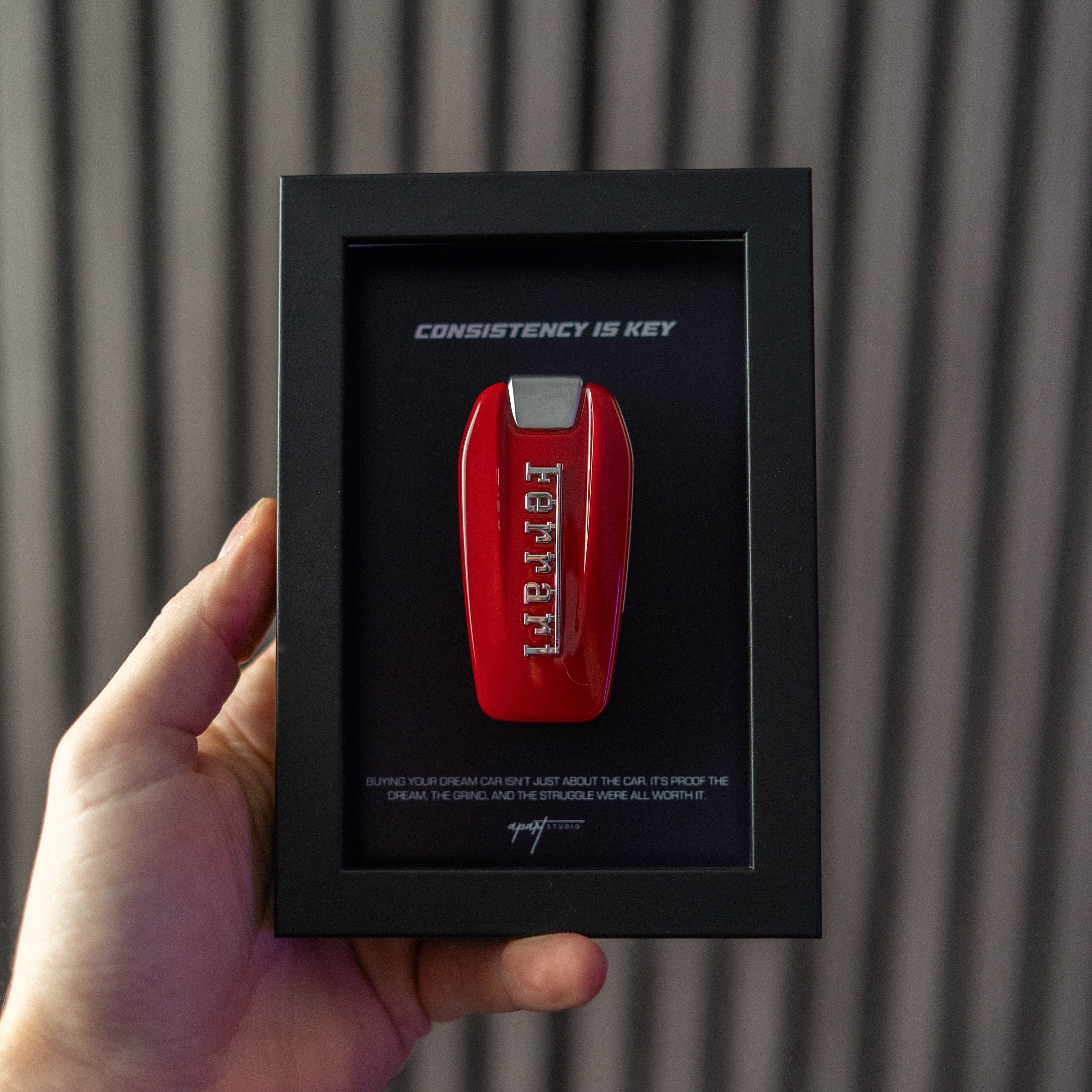 Consistency is Key Ferrari angled view showing depth of handmade frame with Ferrari badge artwork