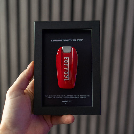 Consistency is Key Ferrari angled view showing depth of handmade frame with Ferrari badge artwork