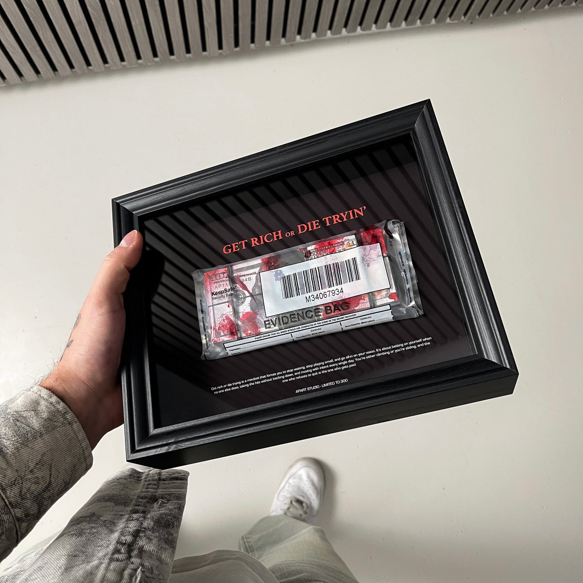 Get Rich or Die Tryin Frame packaging and unboxing, luxury handmade framed artwork by Apart Studio