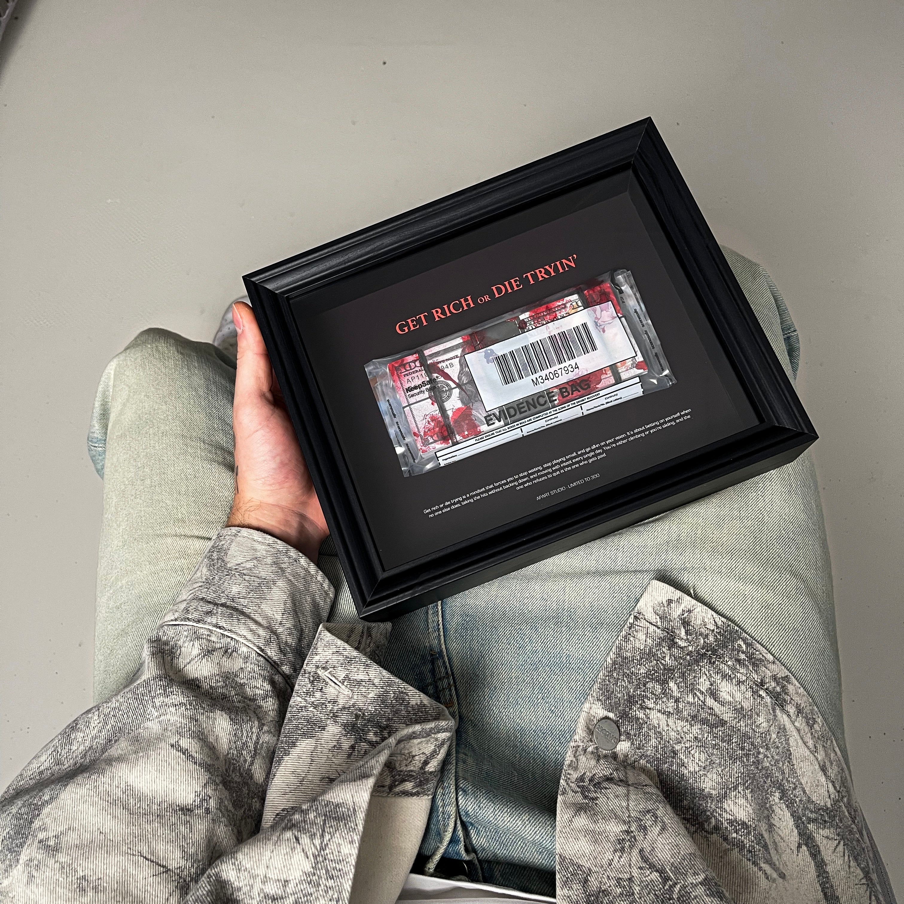 Get Rich or Die Tryin Frame front view, handmade 3D framed artwork with cash and money theme by Apart Studio