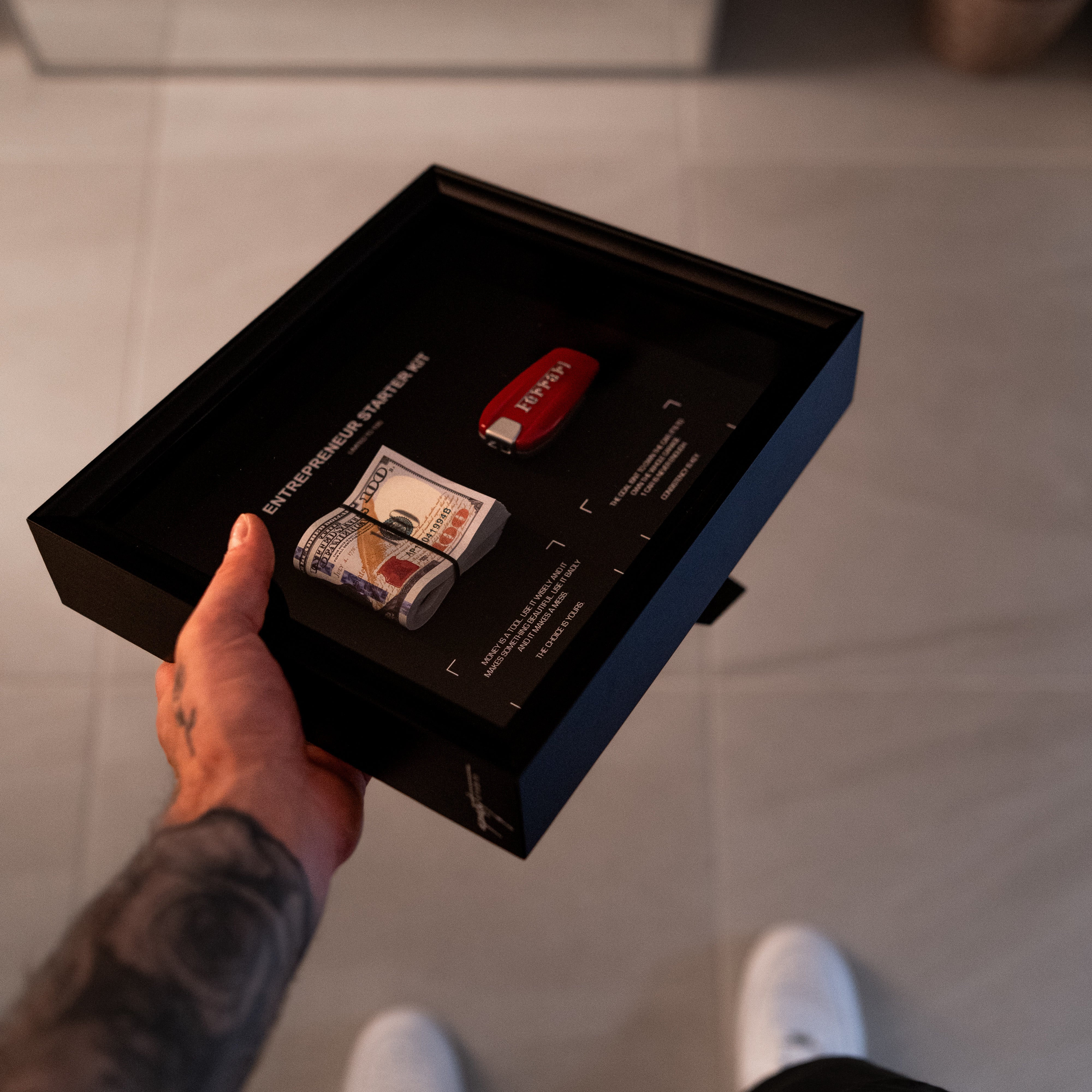 Entrepreneur Starter Kit Ferrari Money To Burn lighter detail, custom branded zippo lighter accessory
