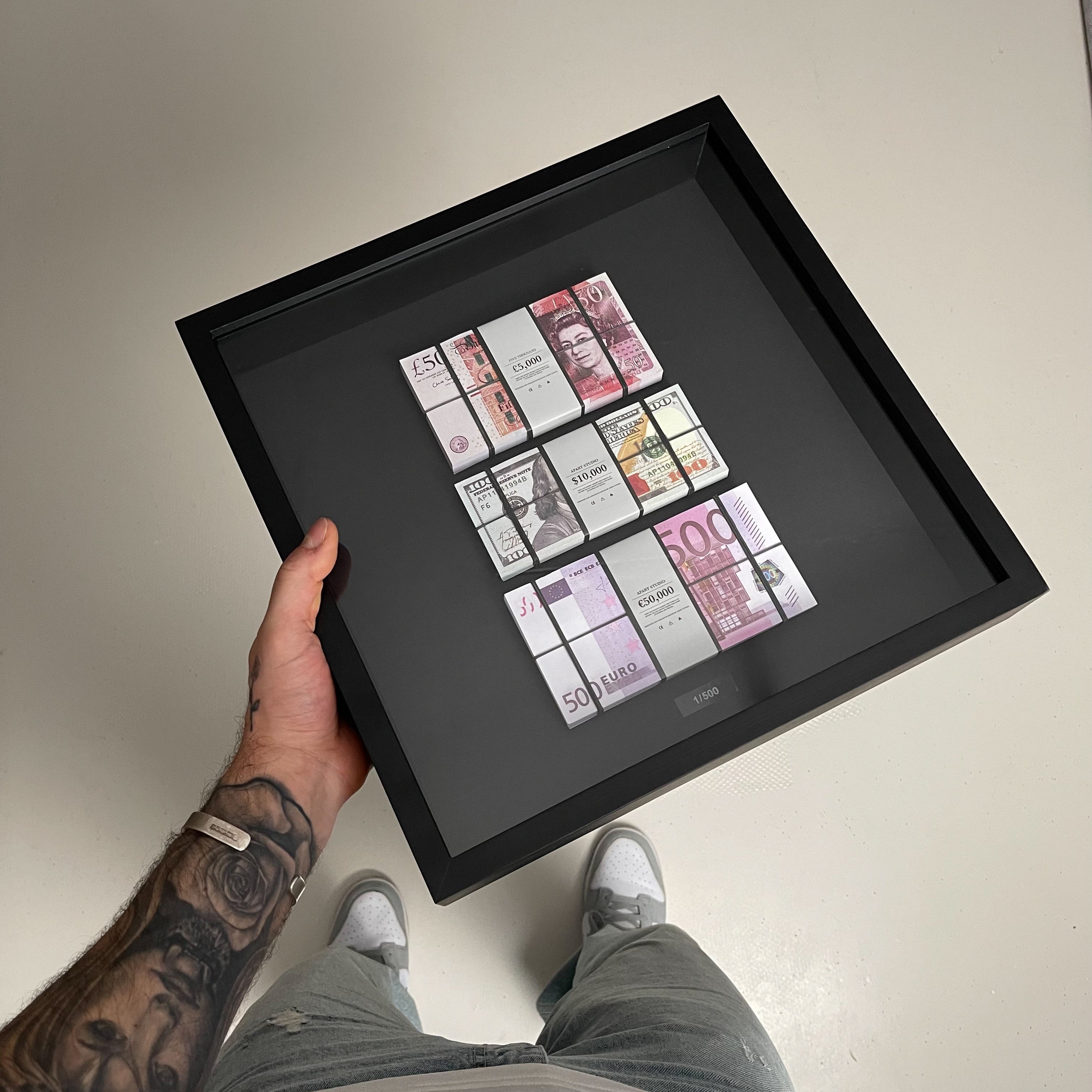 Foreign Exchange Frame wall mounted lifestyle display, handmade multi currency framed artwork by Apart Studio