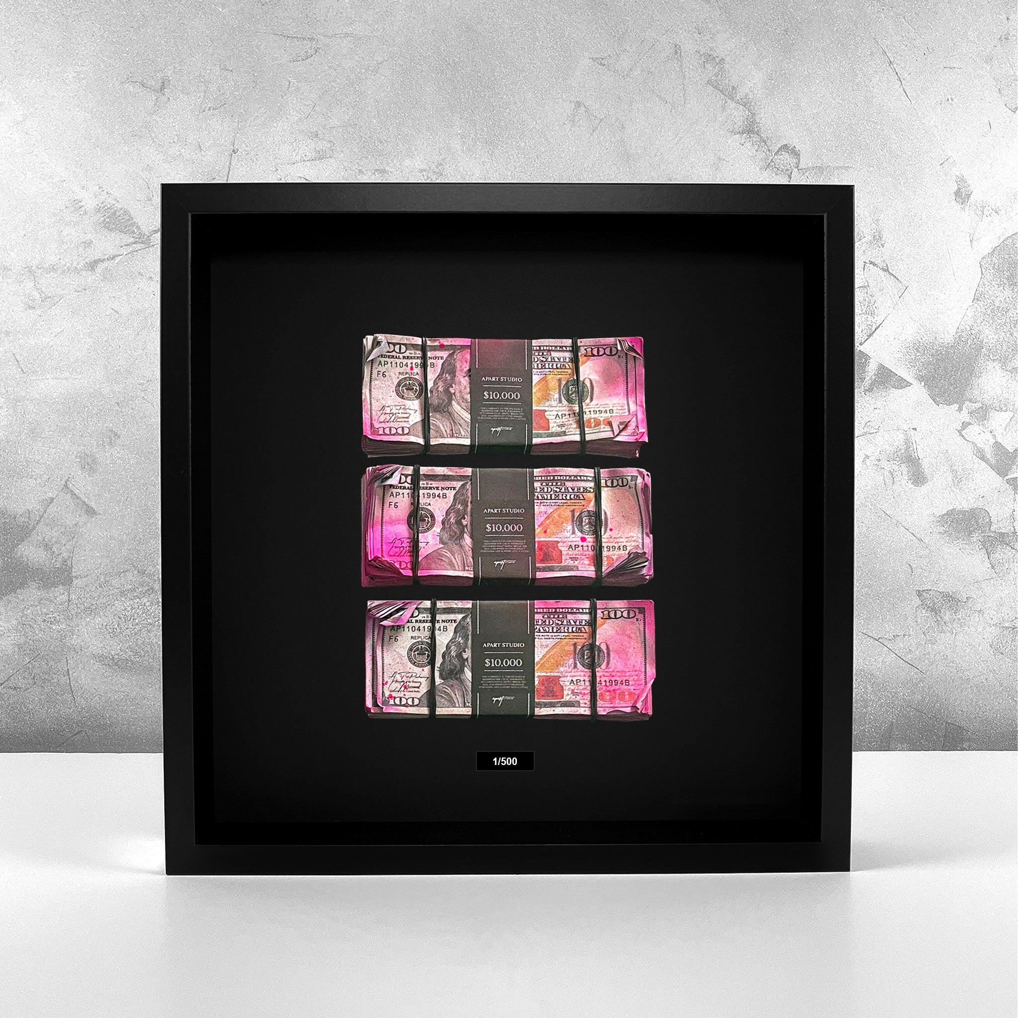 Bank Heist Frame USD front view, handmade framed artwork featuring US dollar bills in a luxury black frame by Apart Studio