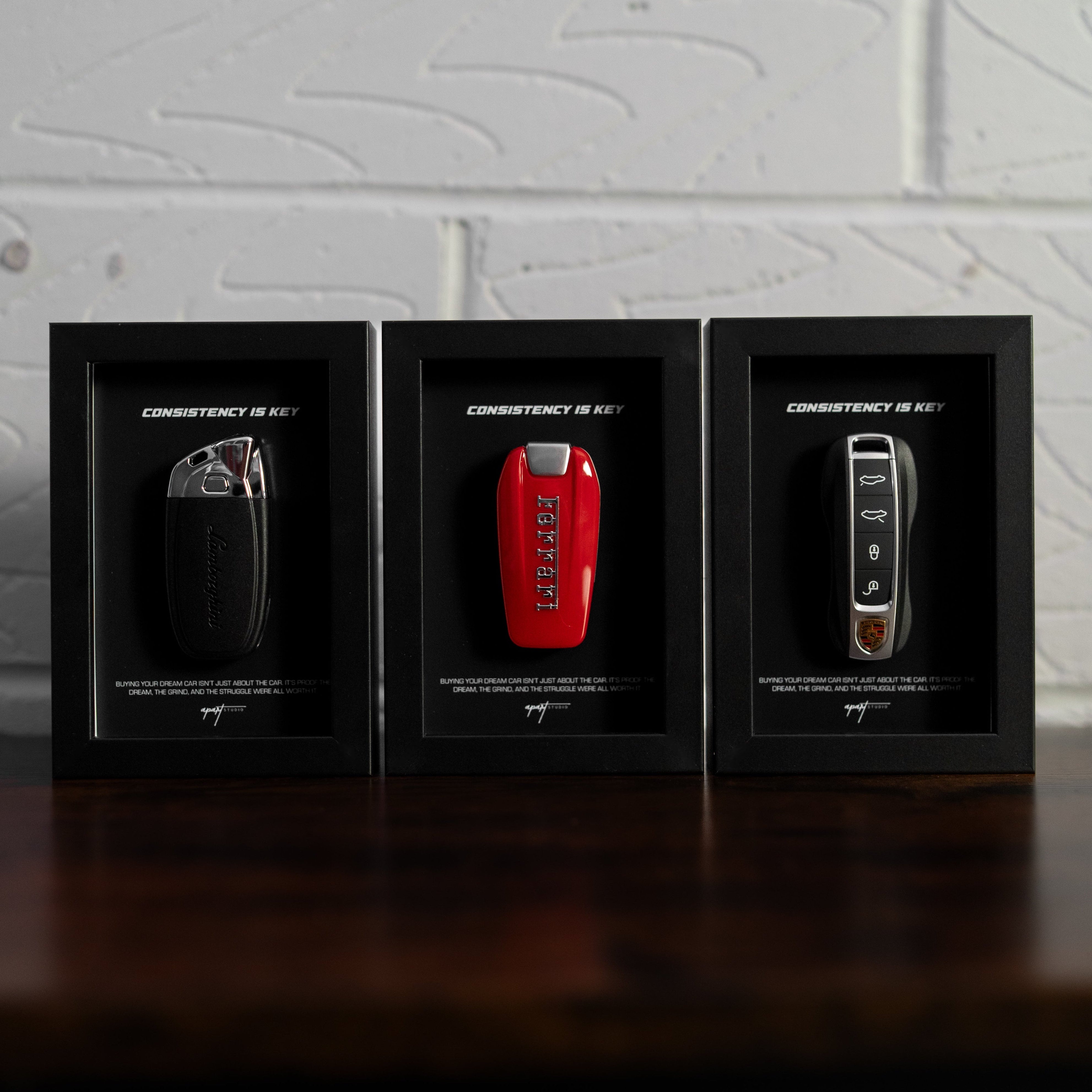 Consistency is Key Triple Bundle front view, Ferrari Porsche and Lamborghini framed artworks collection by Apart Studio