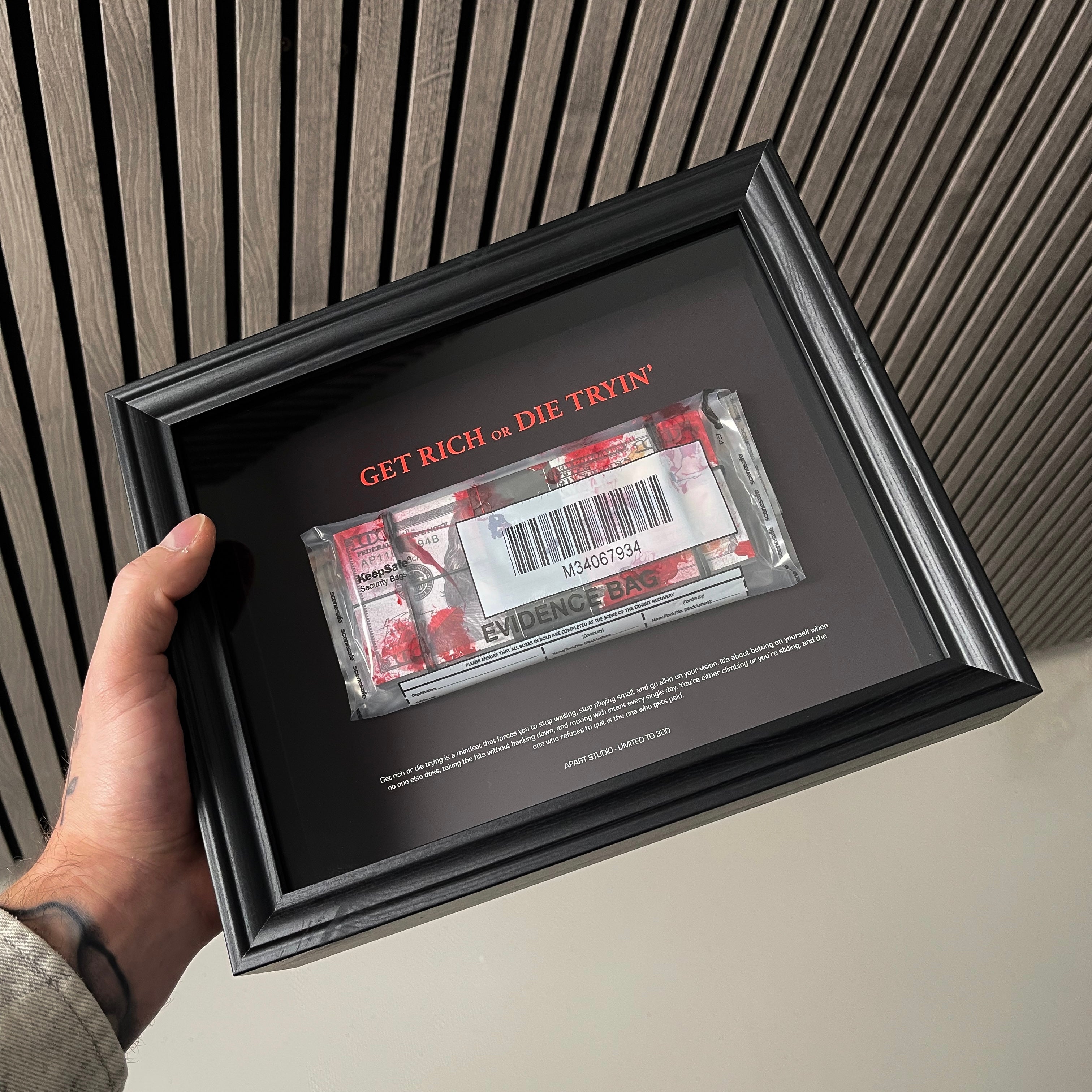 Get Rich or Die Tryin Frame side profile showing deep black frame and glass front construction by Apart Studio
