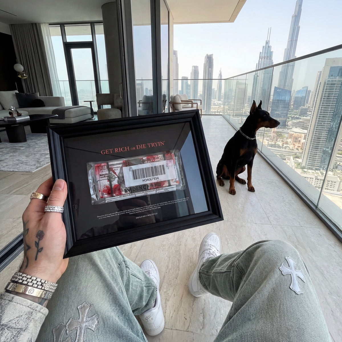 Get Rich or Die Tryin Frame angled view showing 3D depth and construction of money artwork behind glass