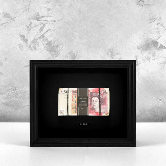 Aged Stacked Frame GBP front view, single stack of aged British pound notes behind glass in a black frame by Apart Studio