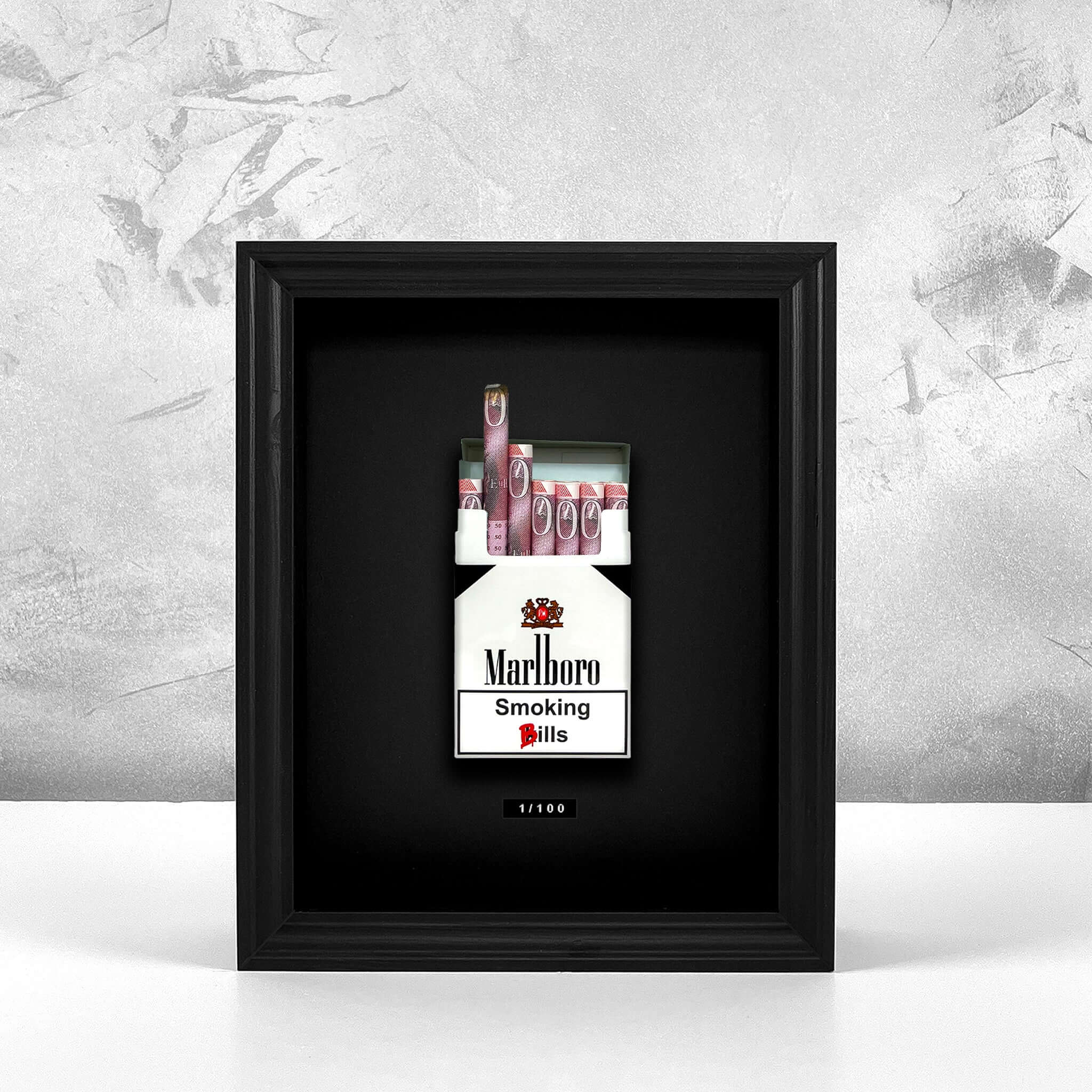 Black GBP Smoking Bills artwork front view, handmade framed cash cigar art with British pound notes by Apart Studio