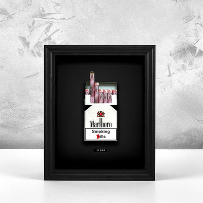 Black GBP Smoking Bills artwork front view, handmade framed cash cigar art with British pound notes by Apart Studio