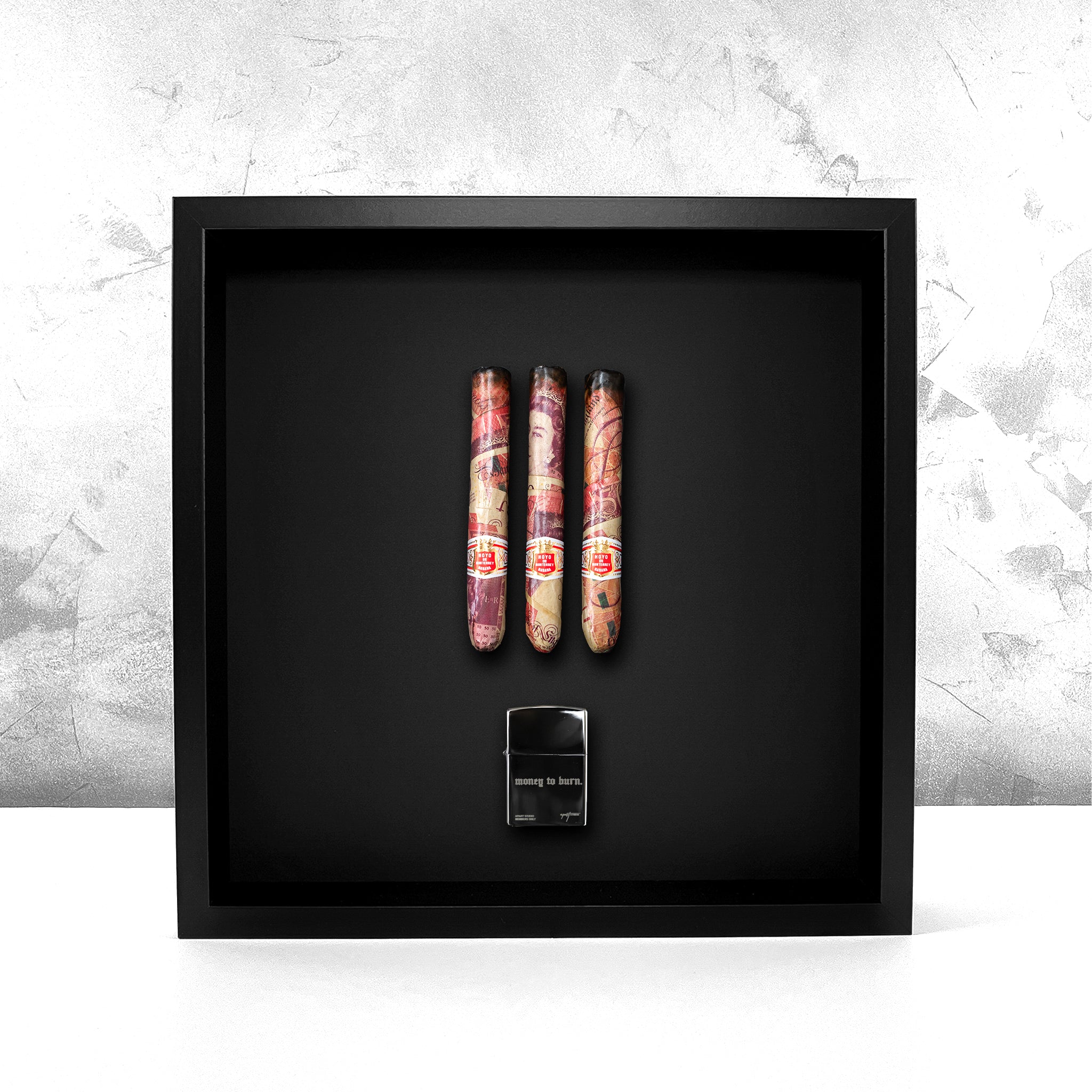 Smoking Bills 2.0 GBP front view, handmade cash cigars with Hoyo de Monterrey bands and Money To Burn lighter in black frame by Apart Studio