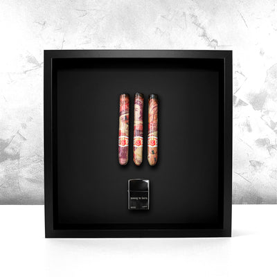 Smoking Bills 2.0 GBP front view, handmade cash cigars with Hoyo de Monterrey bands and Money To Burn lighter in black frame by Apart Studio