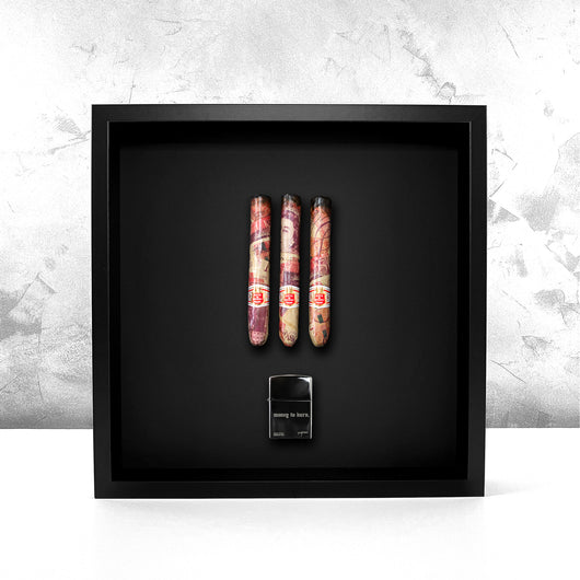Smoking Bills 2.0 GBP front view, handmade cash cigars with Hoyo de Monterrey bands and Money To Burn lighter in black frame by Apart Studio