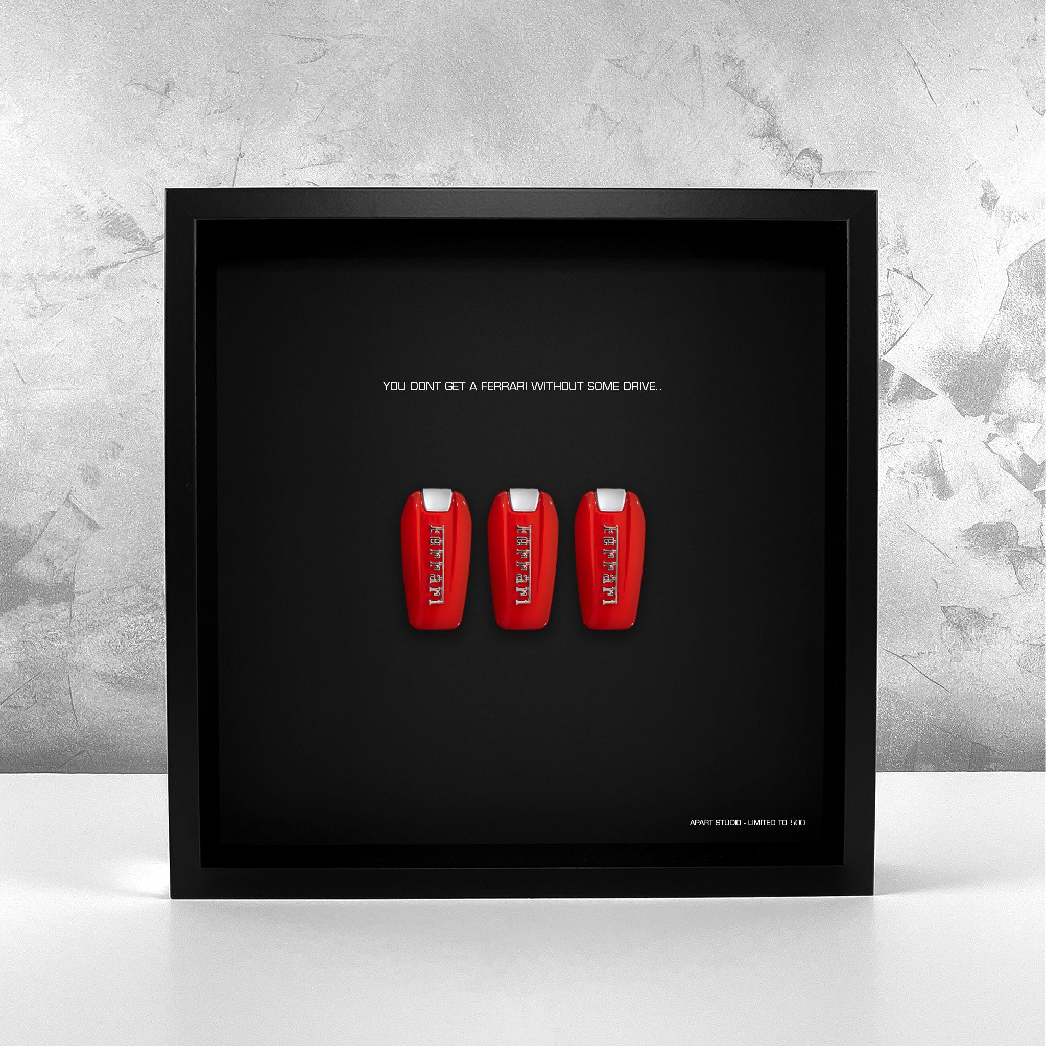 The Drive Frame Ferrari front view, handmade Ferrari themed framed artwork with 3D elements by Apart Studio