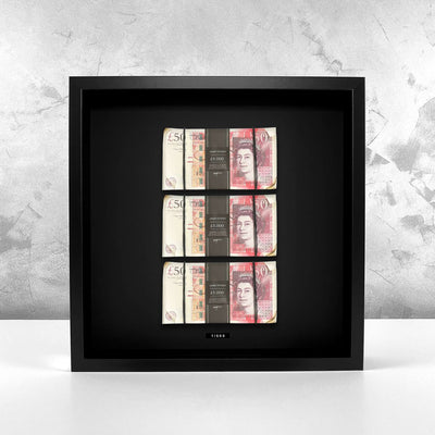 Aged Triple Stacked Frame GBP mounted on a textured wall, three stacks of British pounds displayed as luxury wall art by Apart Studio