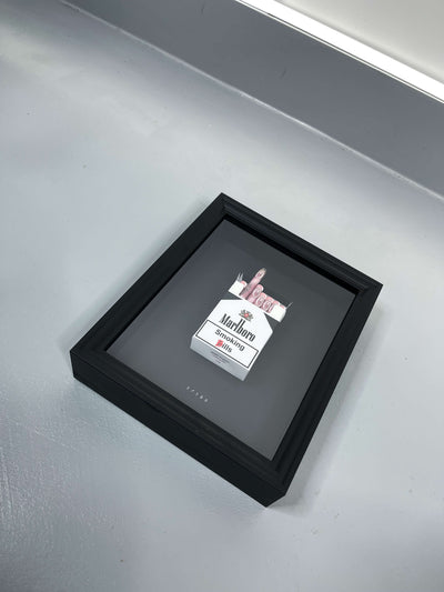 Black GBP Smoking Bills artwork angled view showing handmade cigar and pound note construction in black frame