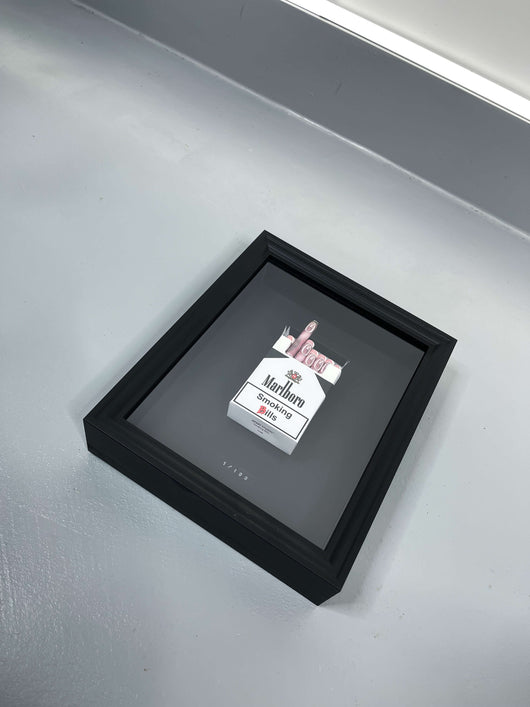 Black GBP Smoking Bills artwork angled view showing handmade cigar and pound note construction in black frame